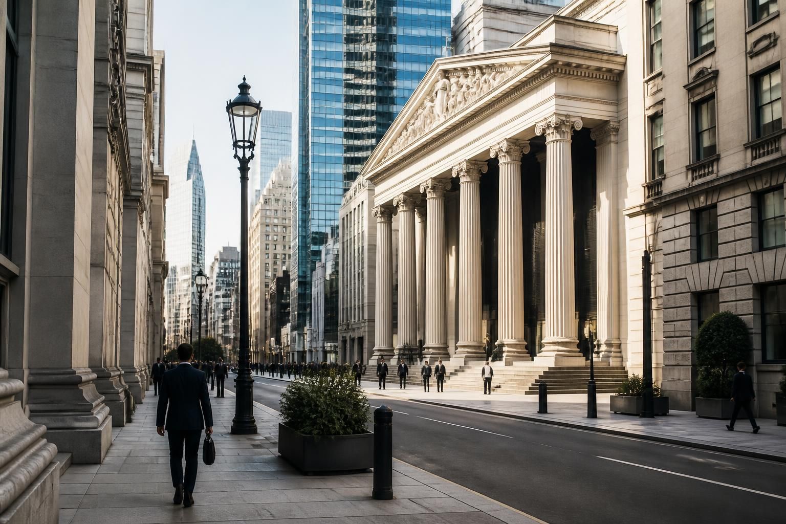 Bank district with polished financial architecture and clean streets.