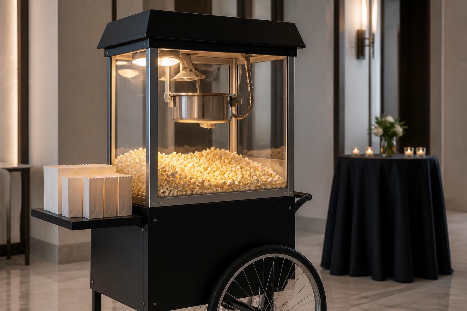 Black popcorn cart in a sleek event environment.