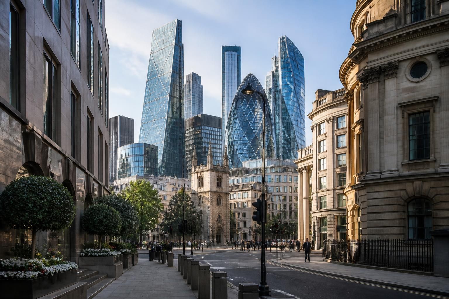 City of London business district with iconic towers and refined streets.