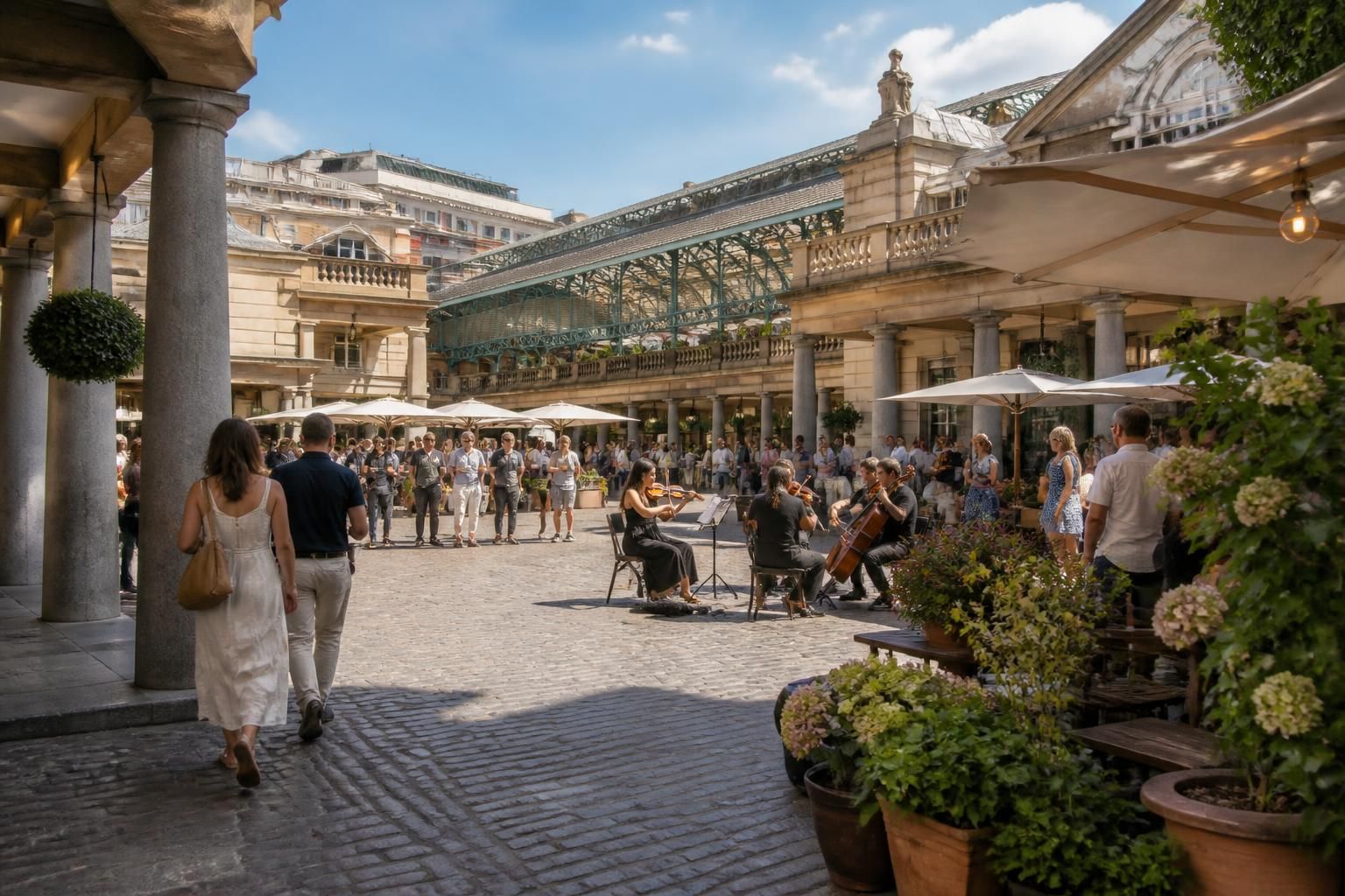 Covent Garden scene with elegant piazza architecture and boutiques.