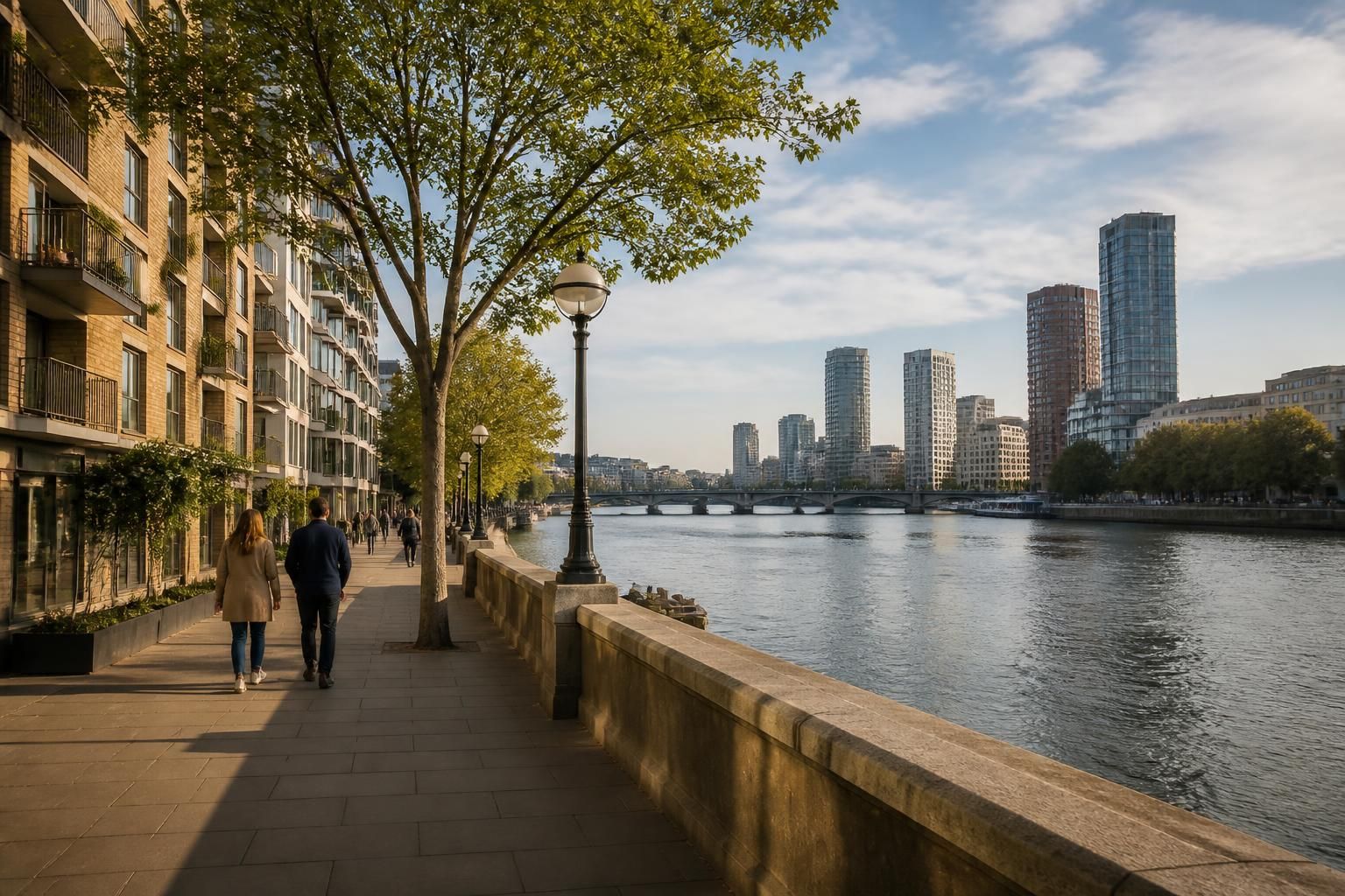 Lambeth streetscape with riverside character and modern buildings.
