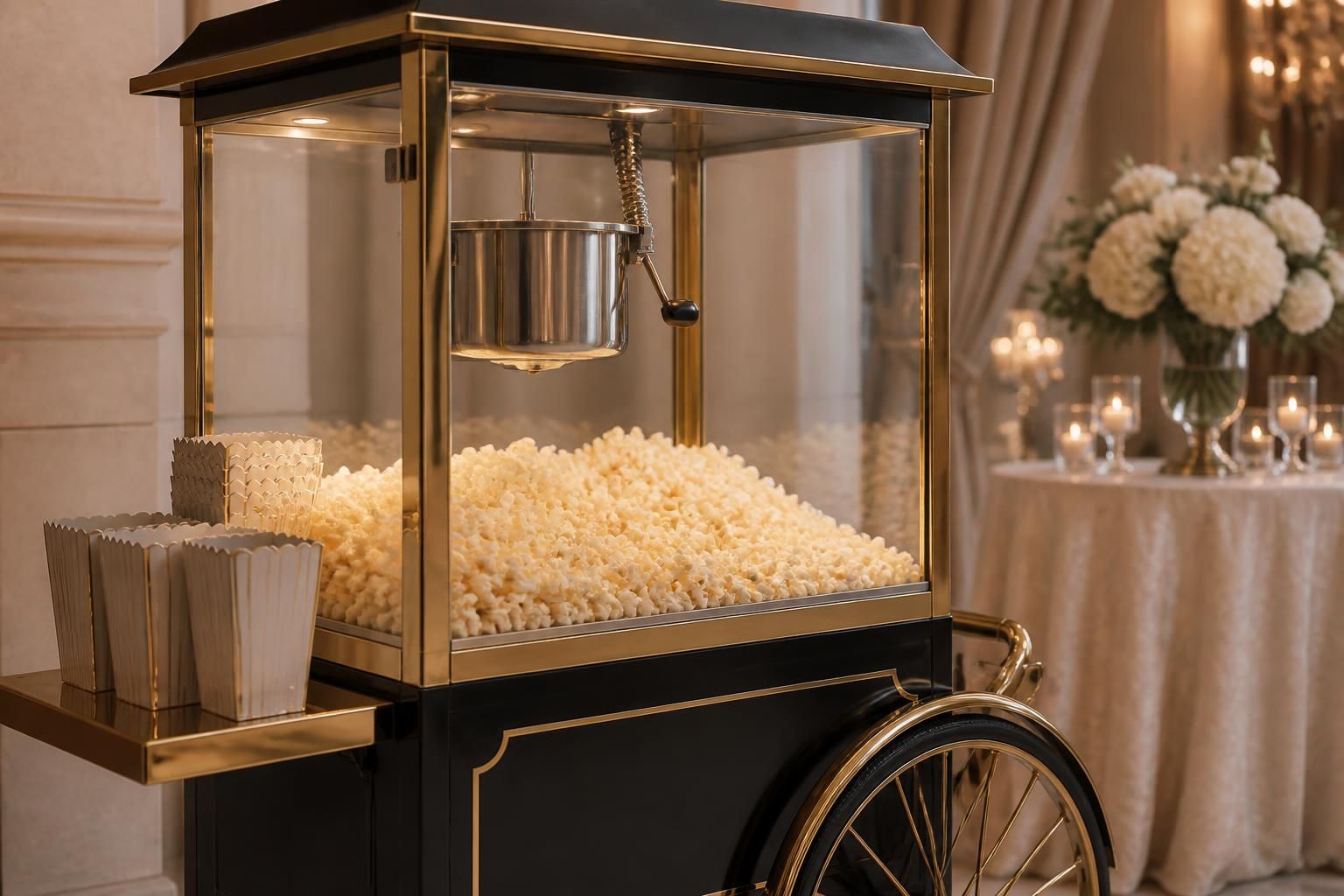 Luxury popcorn cart with elegant finishes at an event.