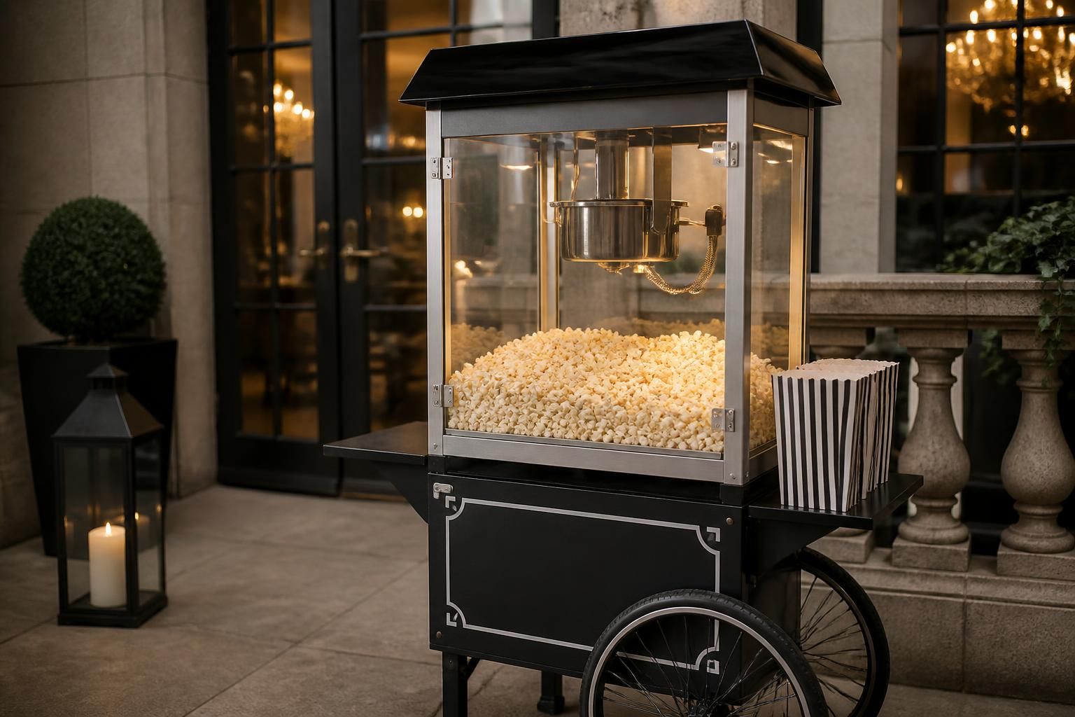 Stylish popcorn cart in a polished London event setting.