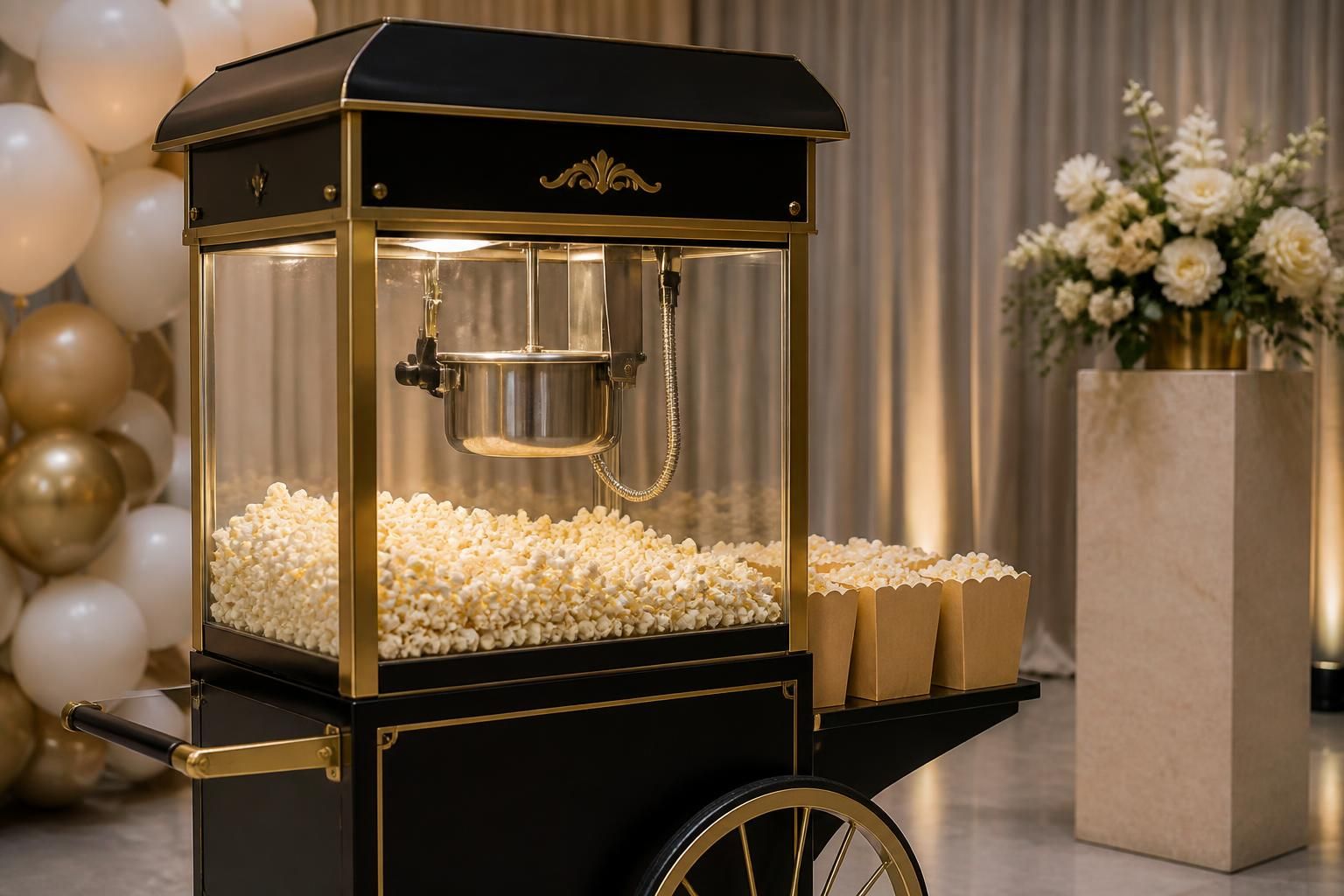 Popcorn cart at a product launch with elegant styling.
