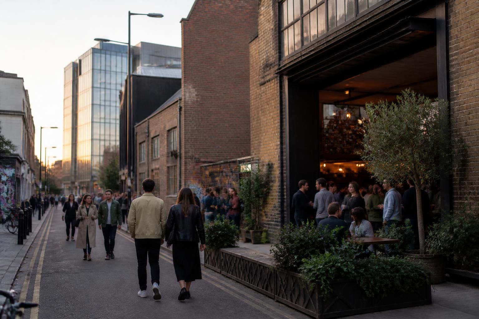 Shoreditch streetscape with creative facades and stylish venues.