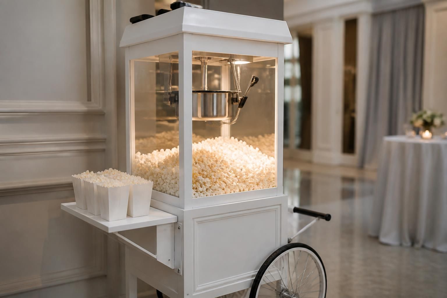 White popcorn cart in a refined event setting.